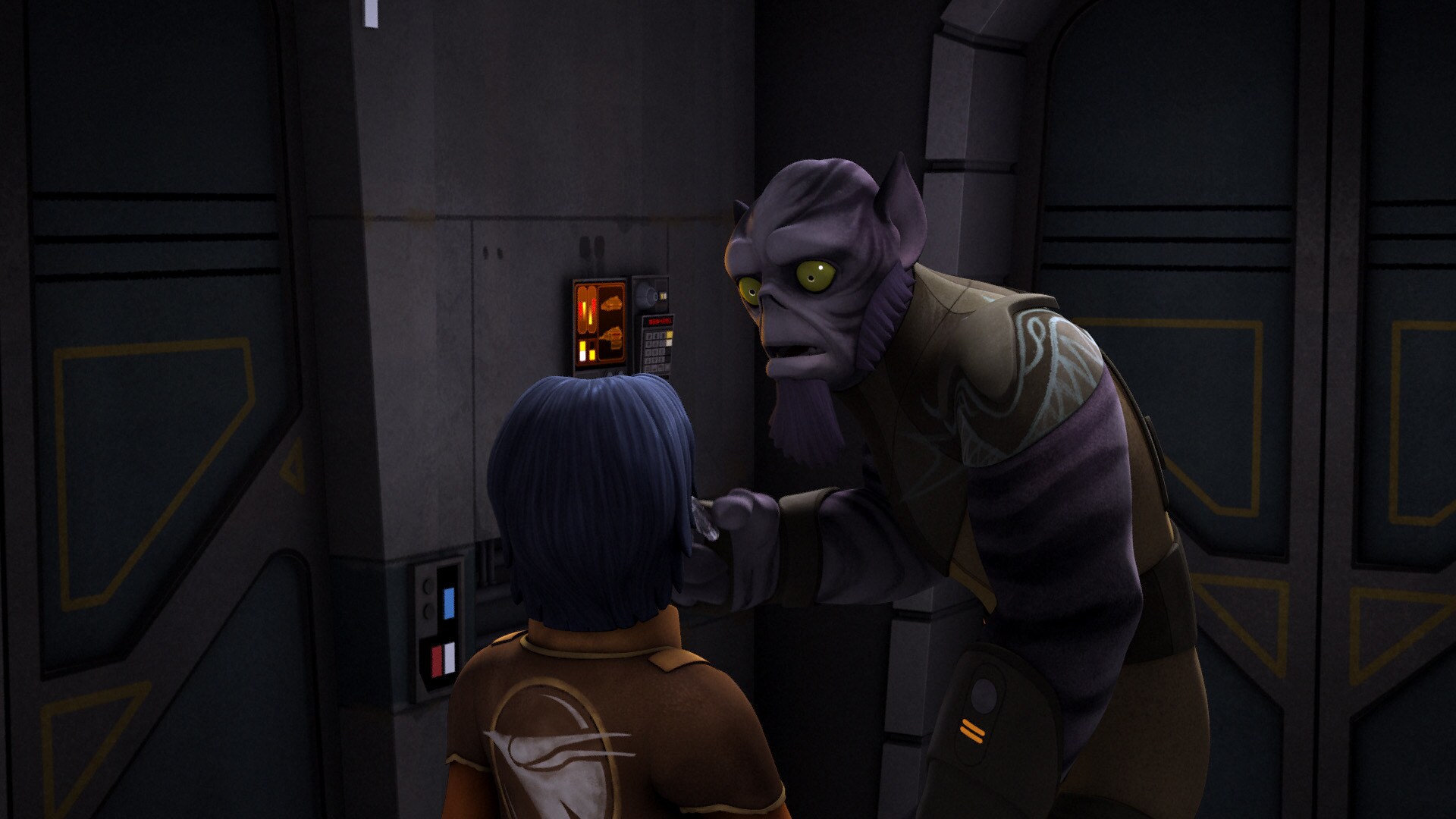 Hera and Sabine make it back into the Phantom, but find its fuel depleted. Hera contacts the Ghos...