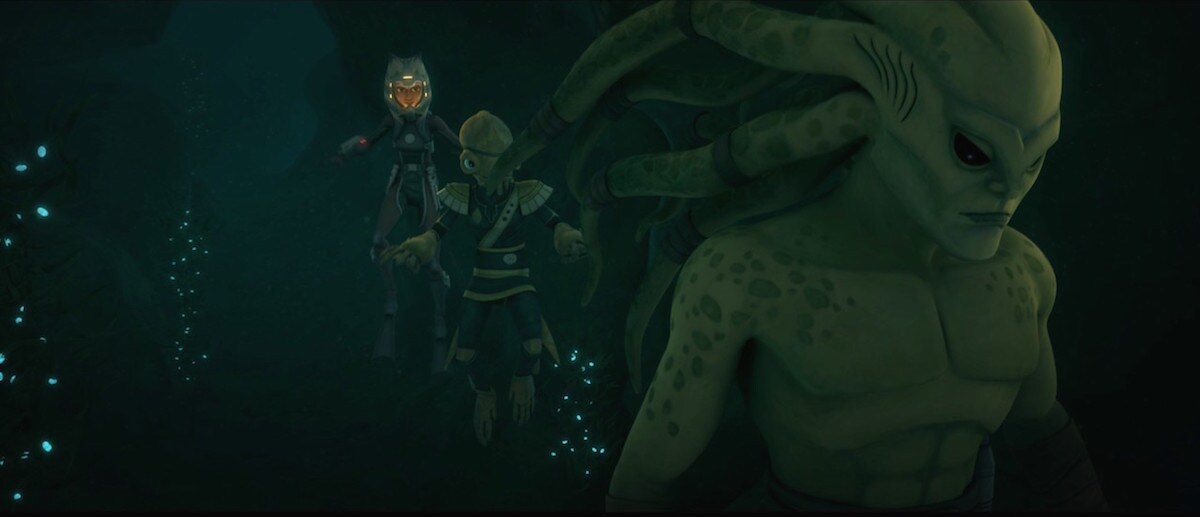 Kit Fisto and Ahsoka Tano underwater on Mon Cala