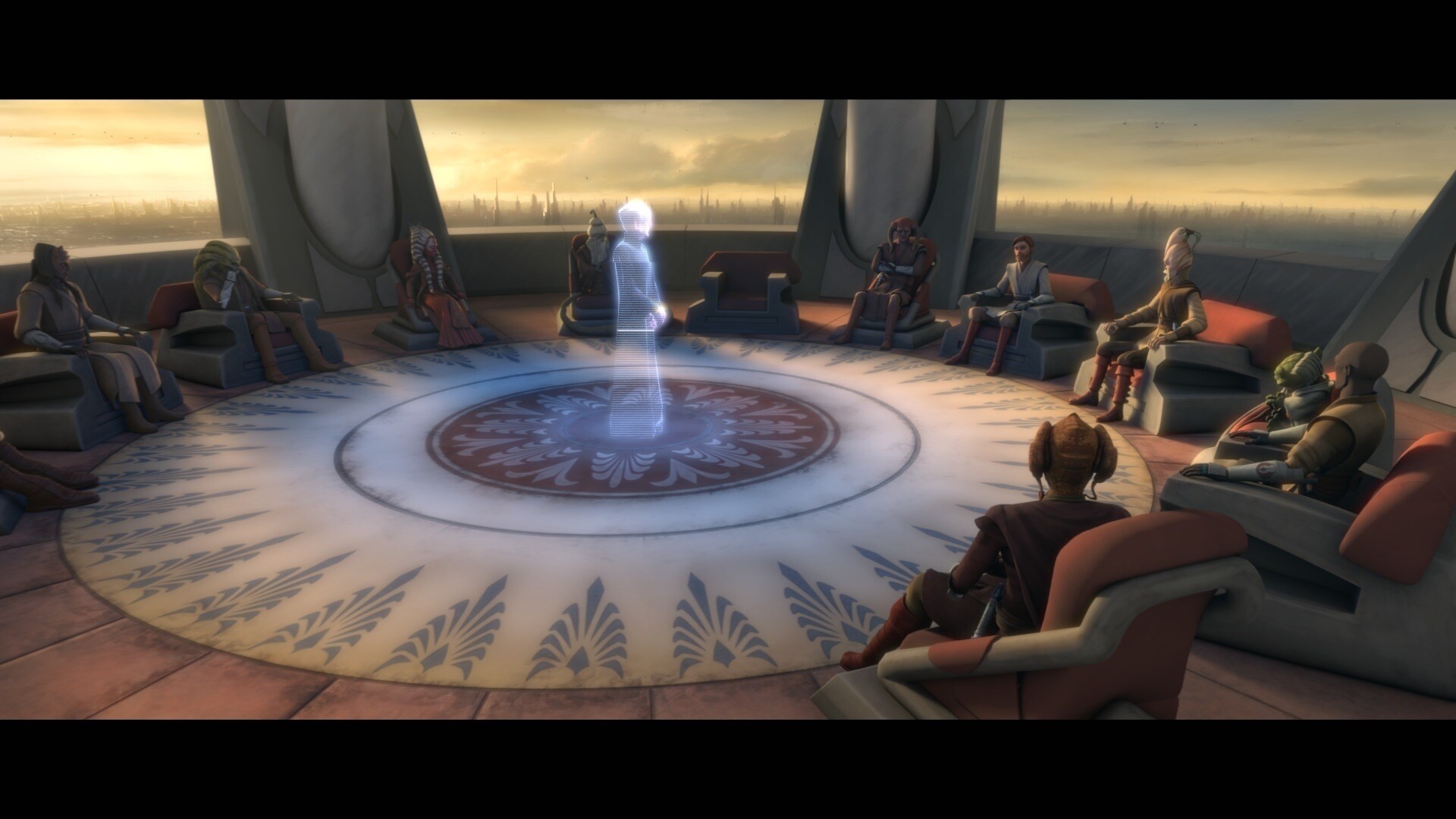 Within the Jedi Council, the Jedi Masters discuss Julia's surprising choice of delegate. Via holo...