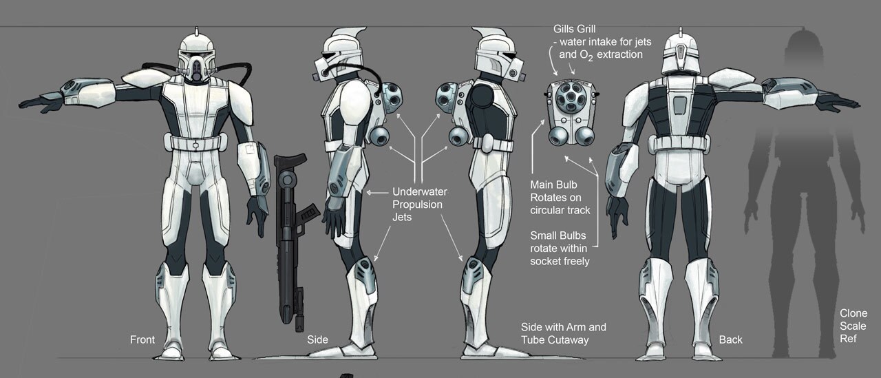 Clone SCUBA trooper annotated orthographic illustrations.