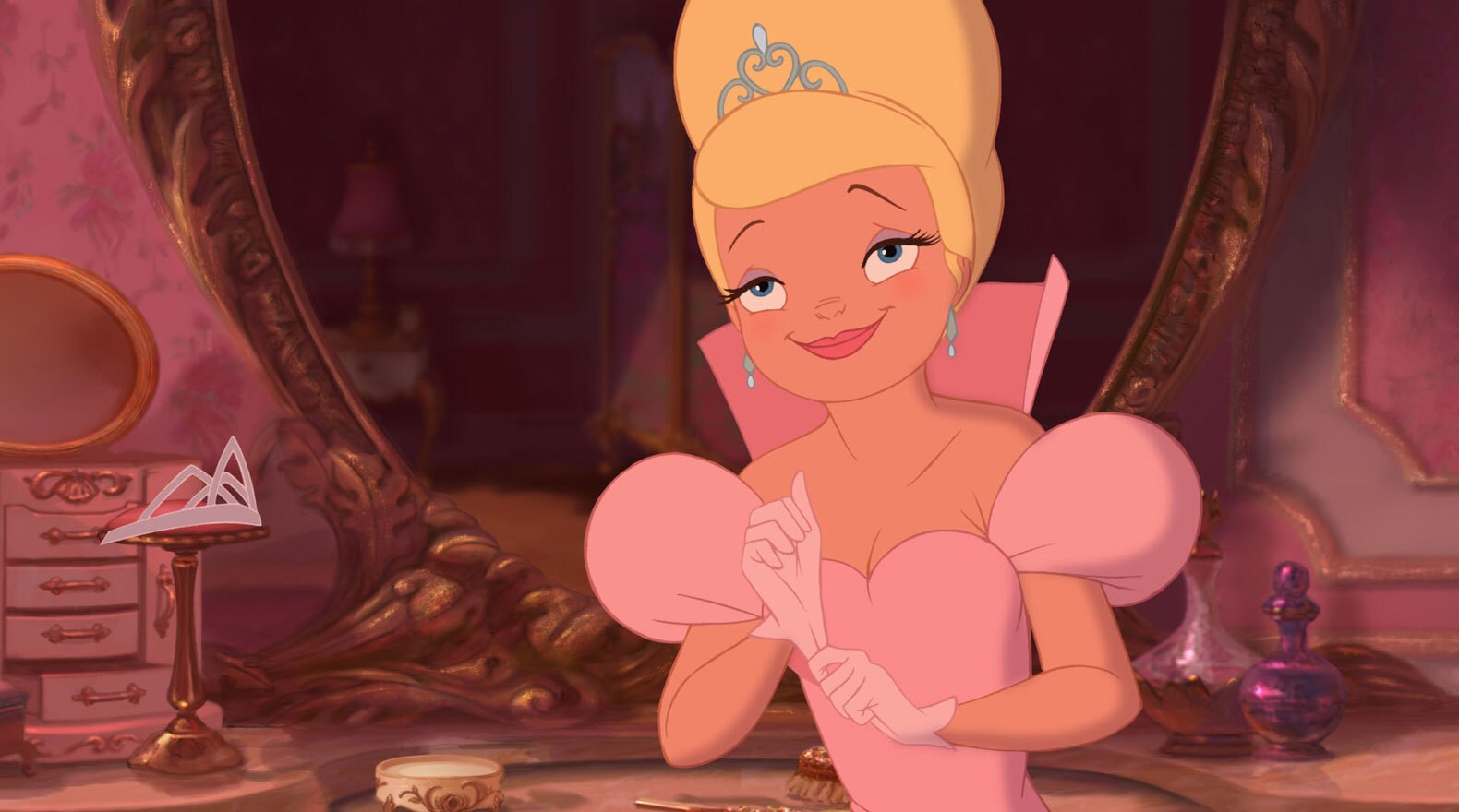 Charlotte La Bouff voiced by Jennifer Cody in a pink dress
