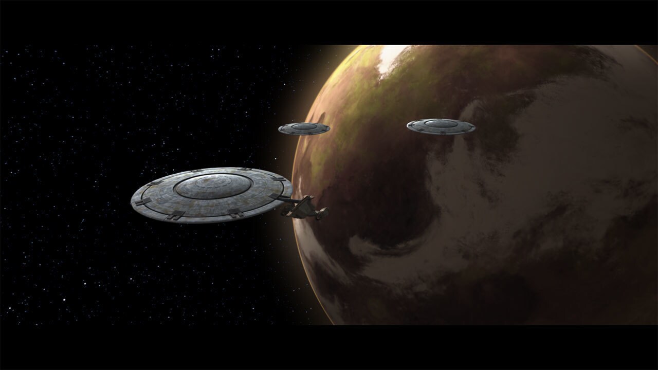 Two more pirate vessels flank Jiro's saucer. Aboard Maul's cargo ship, Jiro has been joined by ot...
