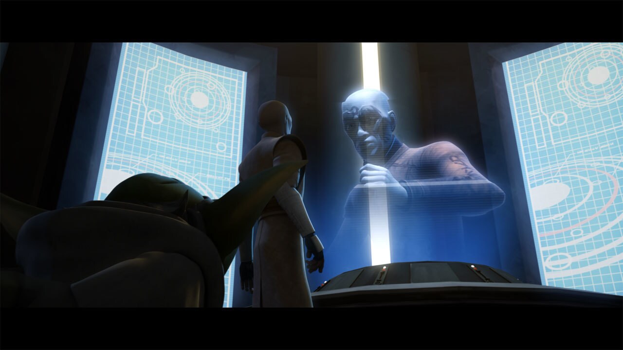 The next day at the prison's workout room, Obi-Wan makes secret contact with Mace and Yoda via a ...