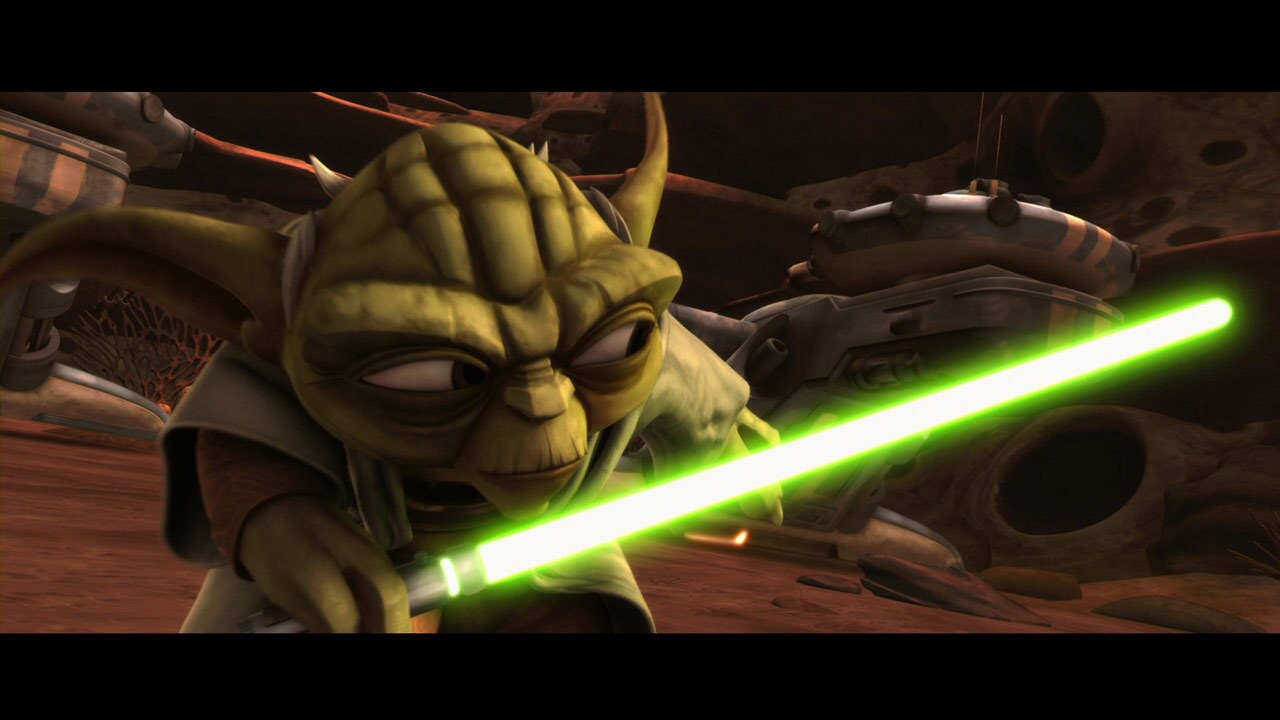 When the battle erupts, Yoda darts past the enemy guns, cutting down battle droids and slicing th...