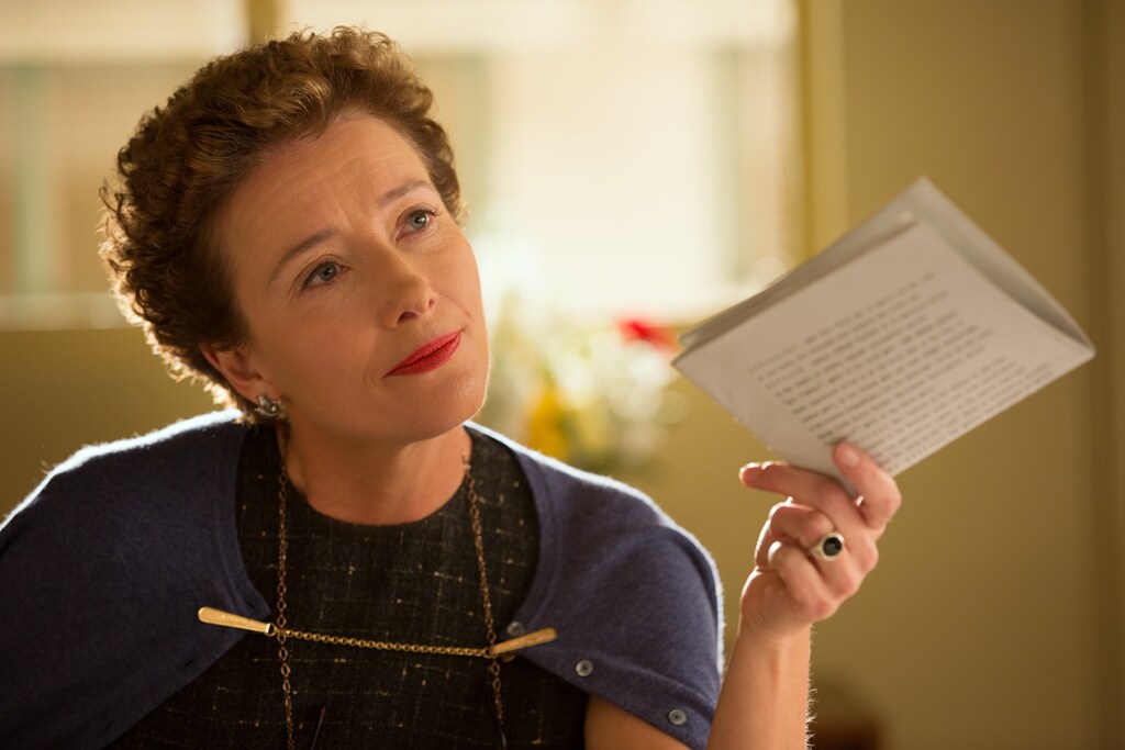 Actor Emma Thompson as P.L. Travers holding a folded piece of paper in the movie "Saving Mr. Banks".