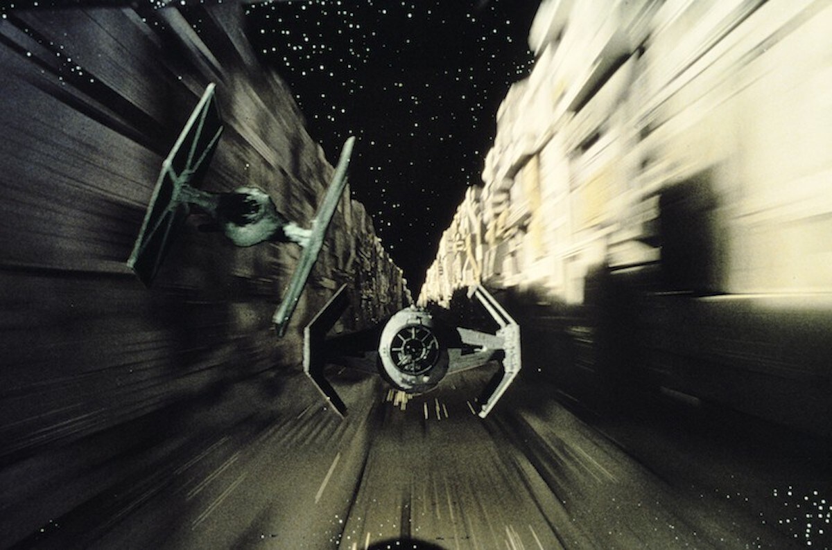 Vader's TIE Advanced and a TIE Fighter escort during the Battle of Yavin