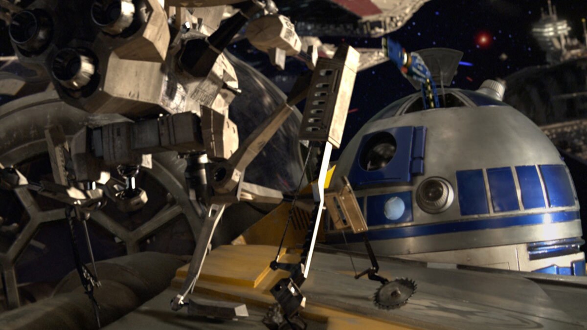 R2-D2 battles a Buzz Droid in the Battle of Coruscant R2-D2 battles a Buzz Droid in the Battle of Coruscant