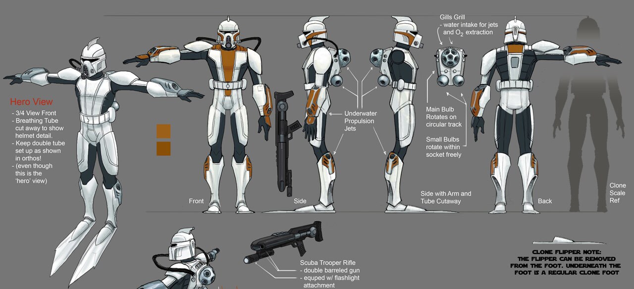 Clone SCUBA trooper, annotated design illustrations