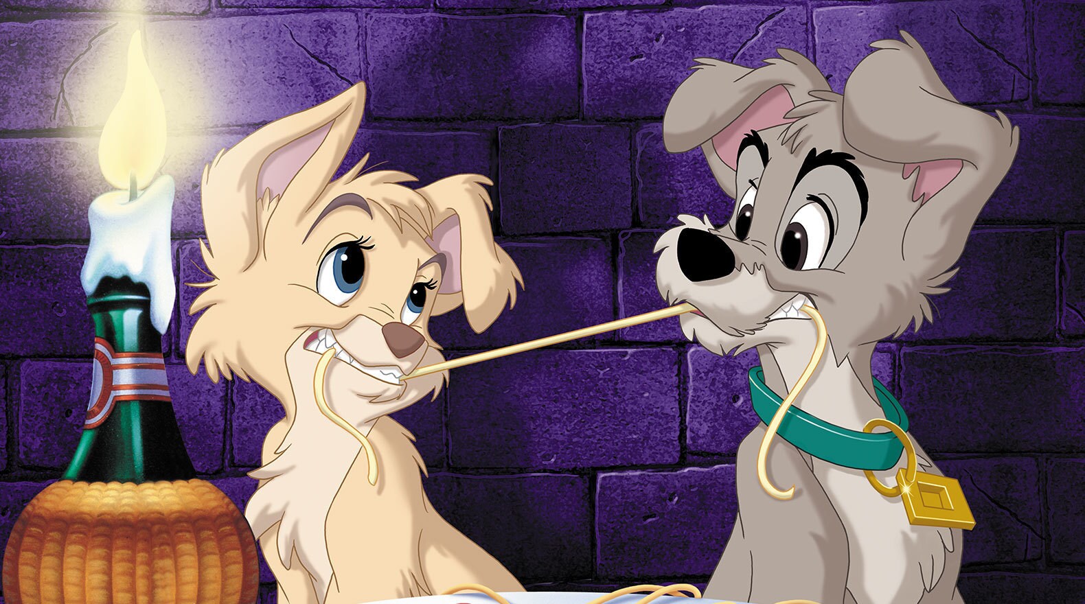 Scamp and Angel share a spaghetti noodle