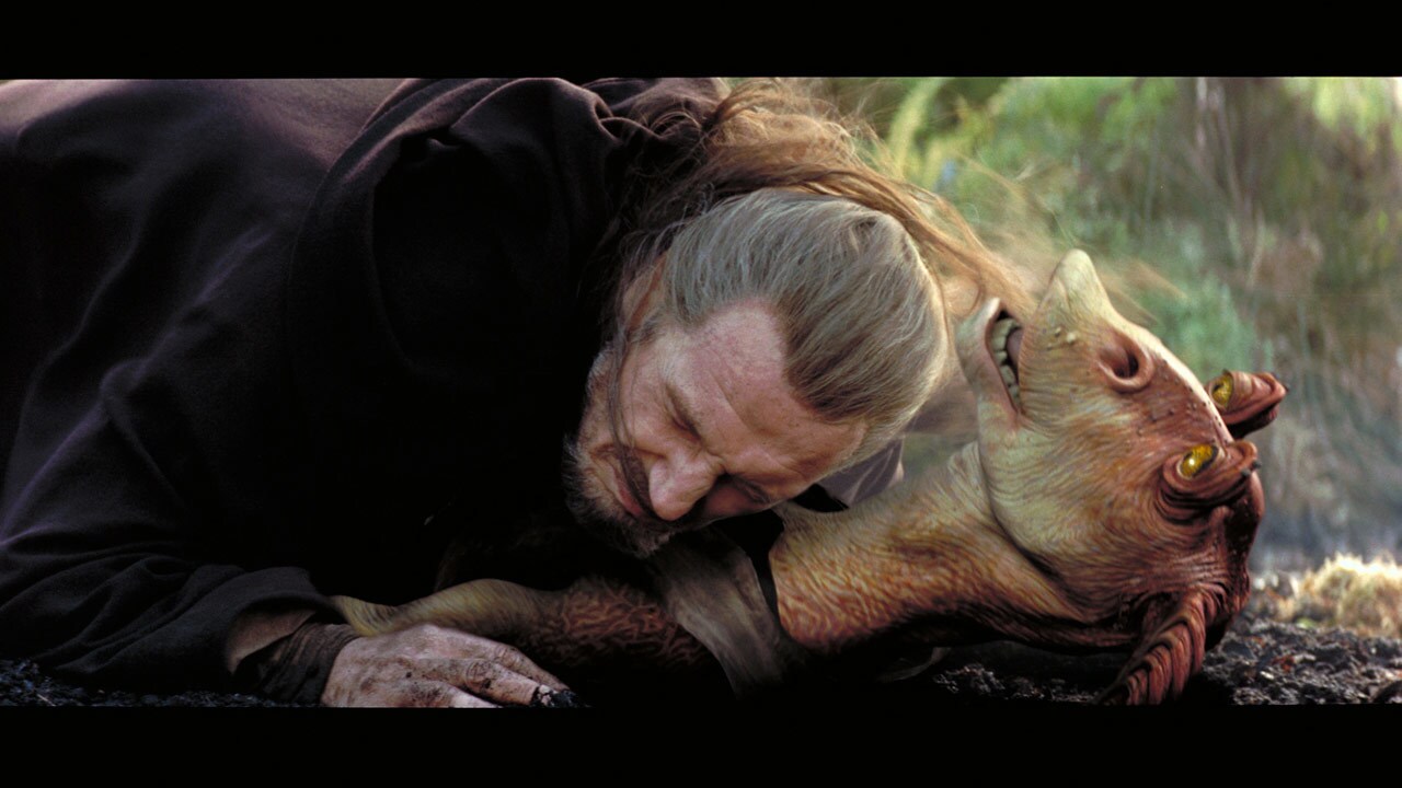 Escaping to Naboo's surface, Qui-Gon Jinn saves Gungan outcast Jar Jar Binks from being trampled ...