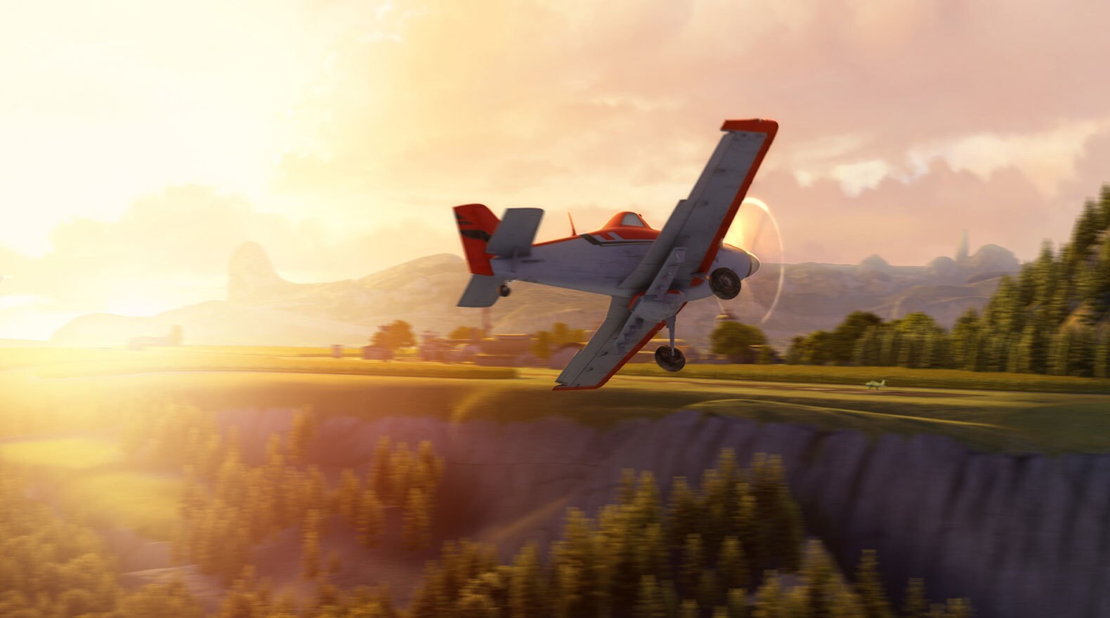 Dusty flies over Propwash Junction, his hometown from the movie "Planes"