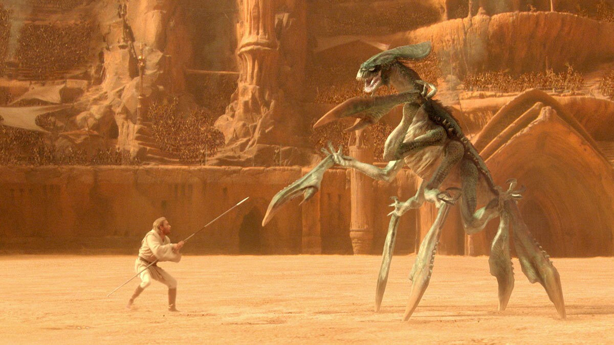 Obi-Wan Kenobi fighting an Acklay on Geonosis