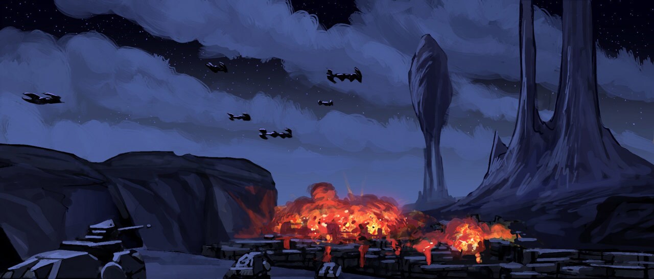 Concept art of the firebombing of a Ryloth city
