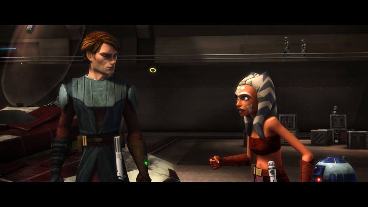 In the hangar bay, Anakin tells Ahsoka that they must proceed with their attack against the block...