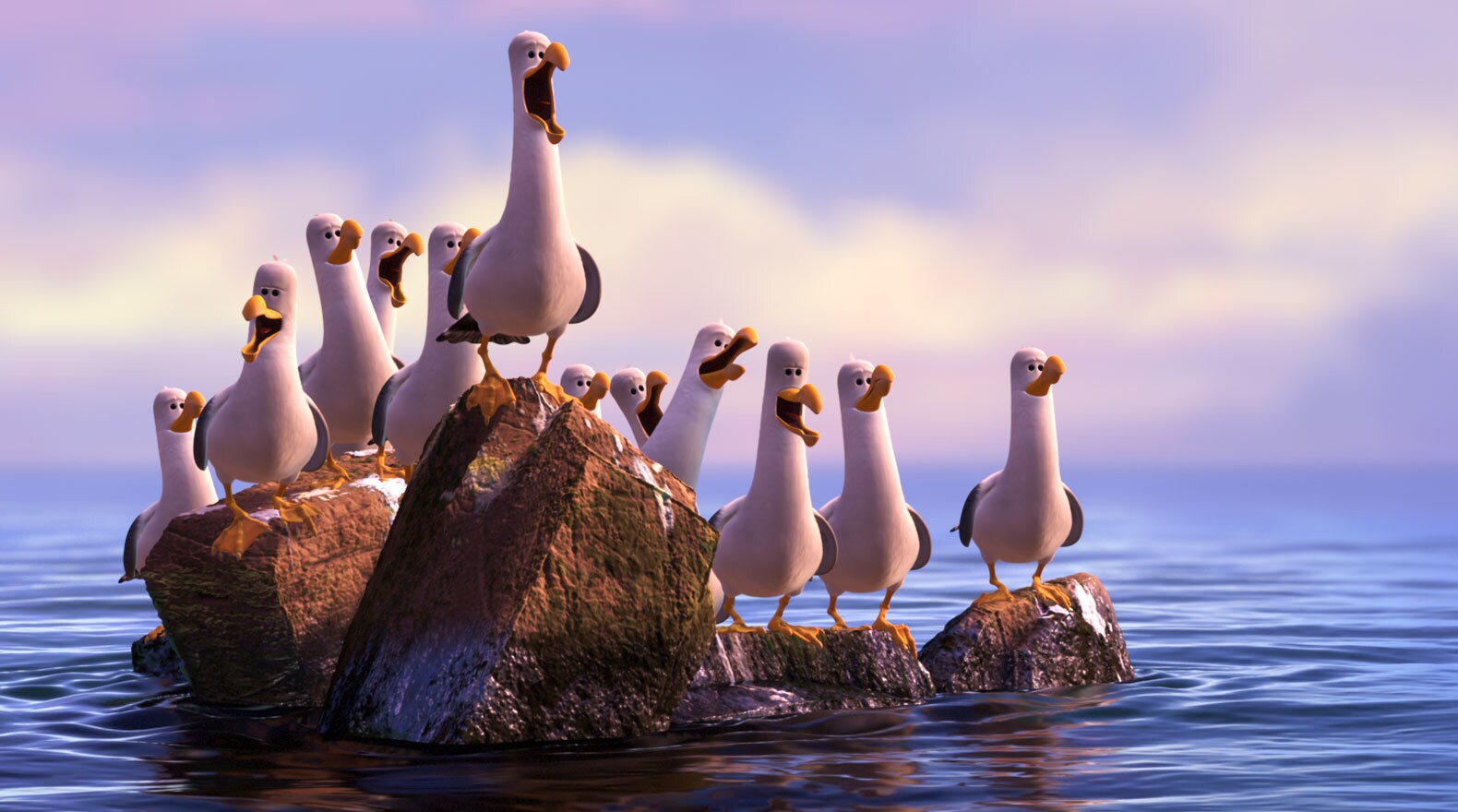 Seagulls sitting on rocks in the water in "Finding Nemo"