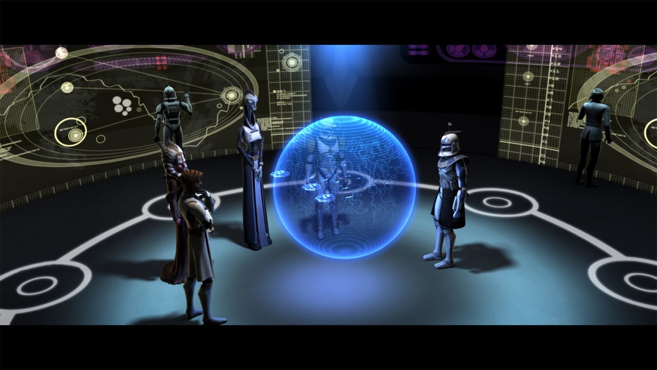 Shaak Ti, Obi-Wan Kenobi, Lama Su and clone commanders watch the battle on their holoscreen in th...