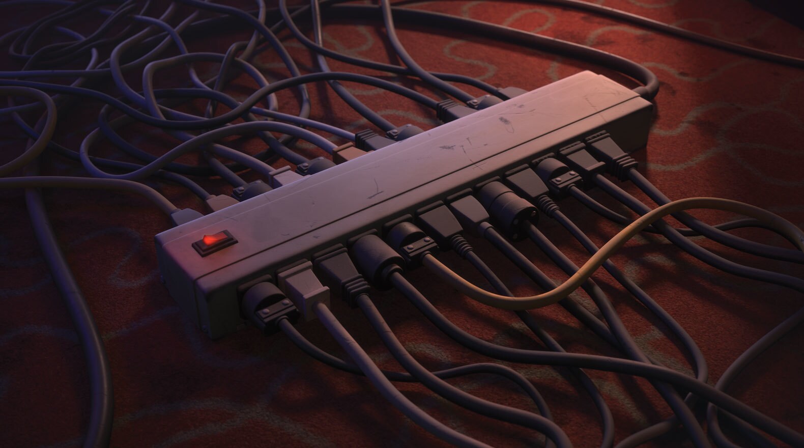 A surge protector full of cords/plugged in games in "Wreck-It Ralph"