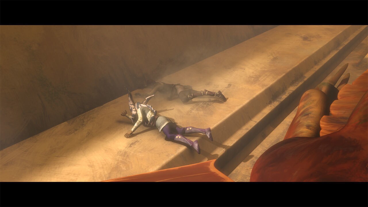 A guard shoots Kenobi in the shoulder, and he falls from the beast, dragging Roshti with him. Rex...