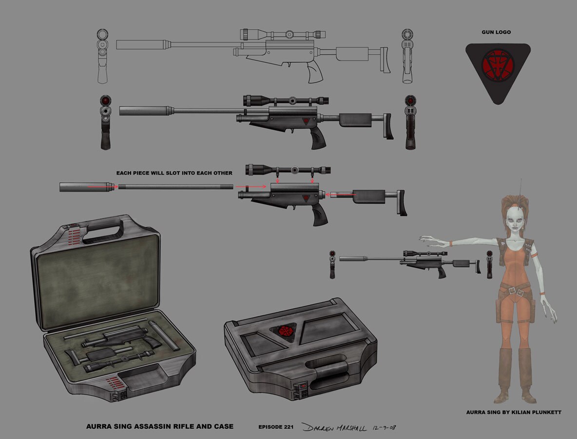 Concept art of Aurra Sing's assassin rifle and case