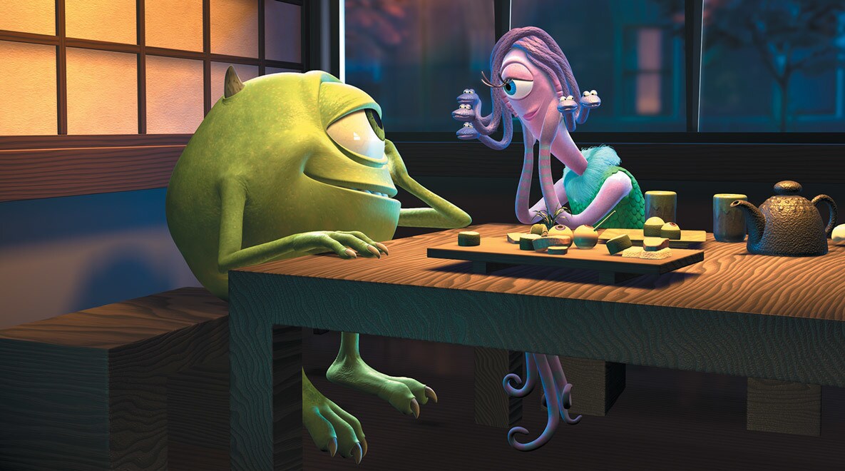 Billy Crystal as Mike Wazowski sitting next to Celia at a sushi restaurant in Monsters, Inc.
