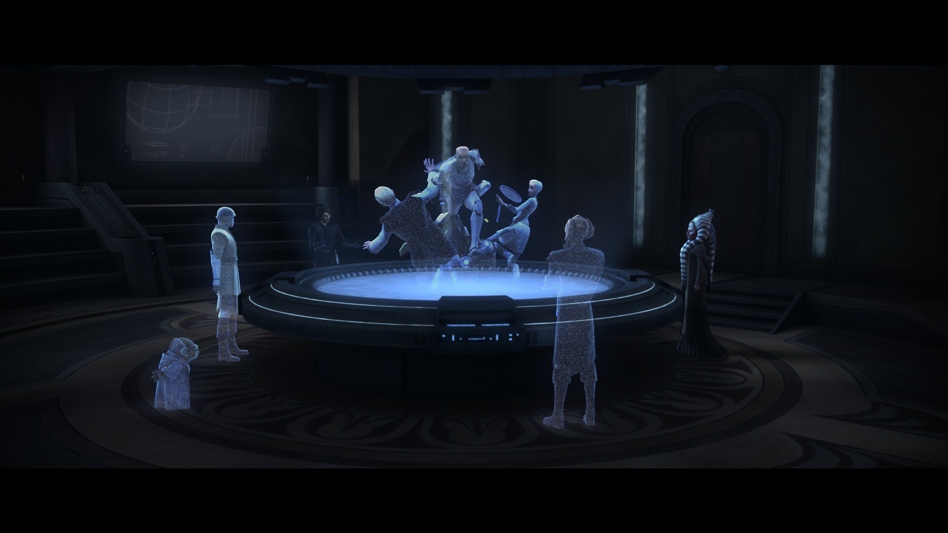 In the war room of the Jedi Temple, Master Yoda, Shaak Ti, Mace Windu, and Plo Koon examine a hol...
