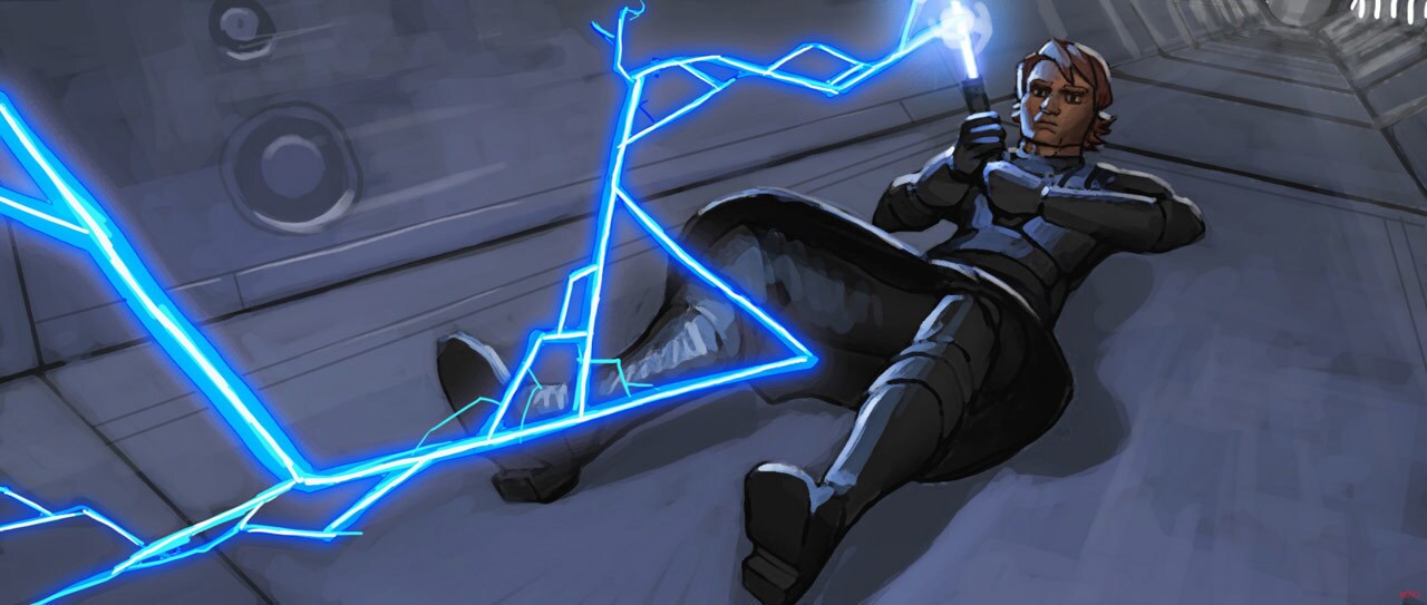 Concept art of Anakin fending off a Force lightning attack