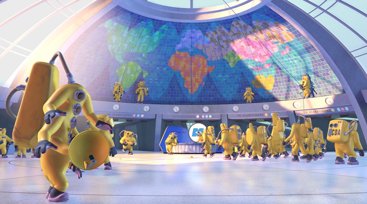 Workers in Monsters, Inc. headquarters looking for Boo