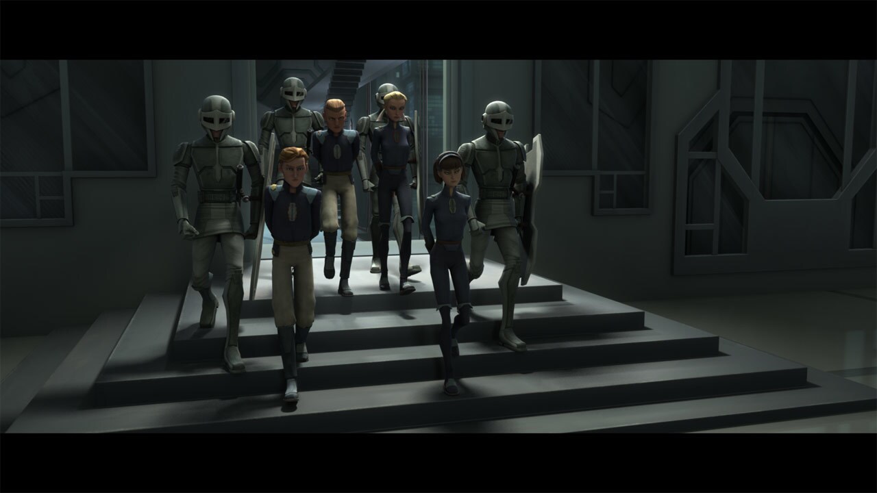 Ahsoka and the cadets rush off to warn Satine. They arrive too late. Her bodyguards are dead, and...