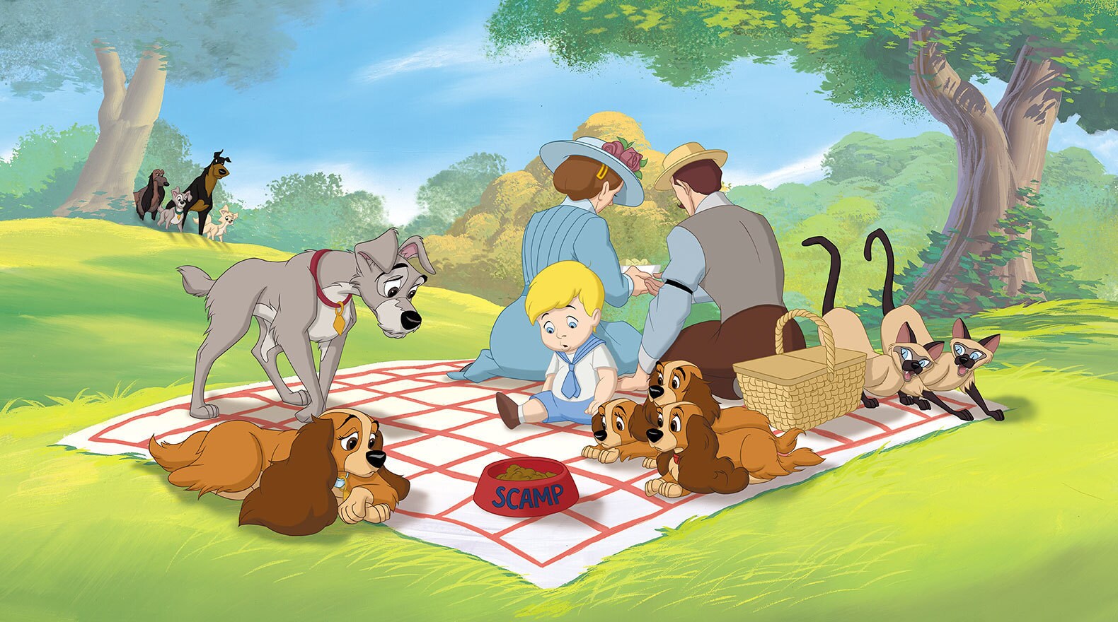 Lady Tramp, Annette, Danielle, Collette, Si,and Am at a picnic with the family. 