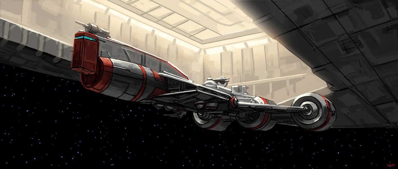 Concept art of a Republic frigate entering the Star Destroyer Tranquility