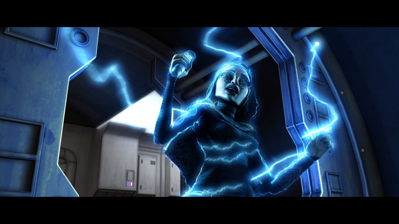 Barriss never reaches the reactor control room, instead getting caught in an electrified trap set...