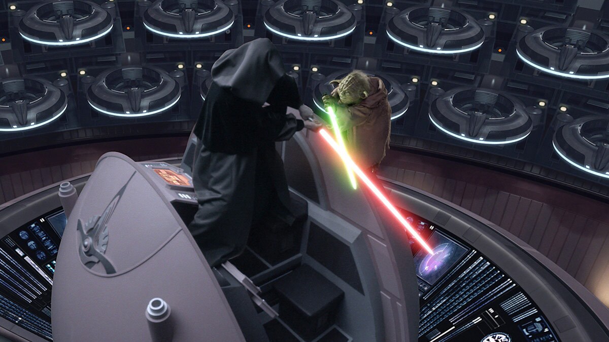 Yoda dueling Darth Sidious in the Galactic Senate Chamber