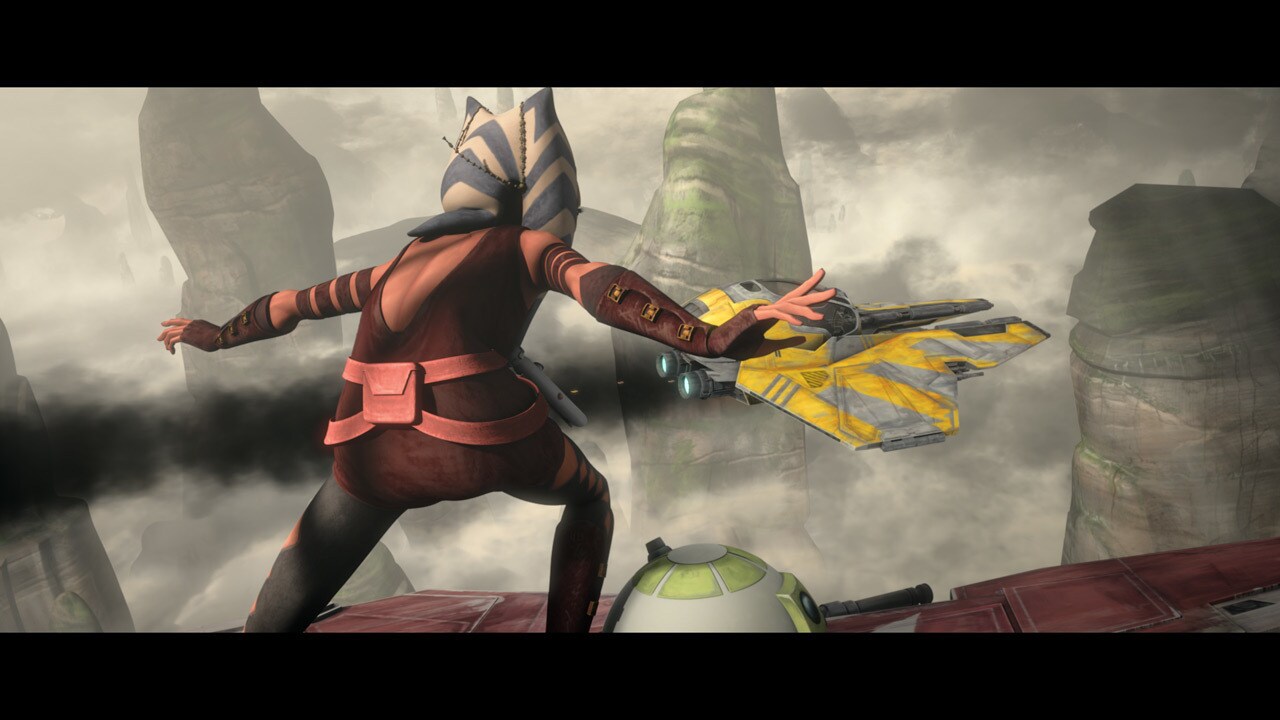 Ahsoka orders Artoo to land the ship on a nearby cliff ledge. She has her droid, R7, match speed ...