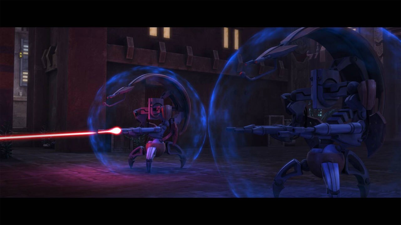 A pair of destroyer droids rolls into the alleyway. Ahsoka and Steela scramble for cover behind t...
