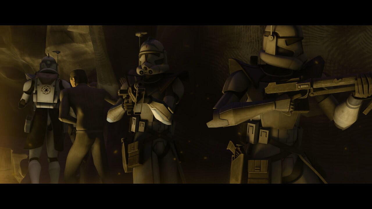 Anakin Skywalker's rescue team, which includes Captain Tarkin and the ARC troopers Fives and Echo...