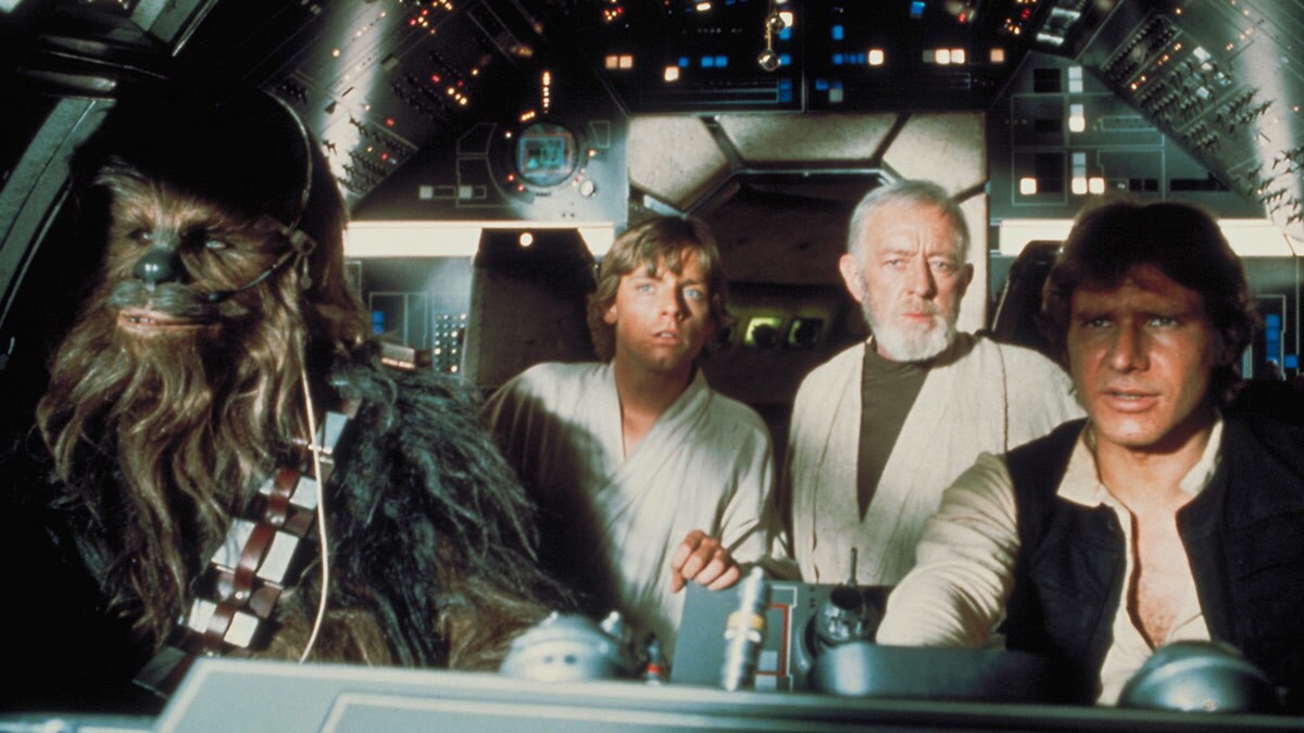 Chewbacca, Obi-Wan Kenobi, Luke Skywalker, and Han Solo on Millennium Falcon