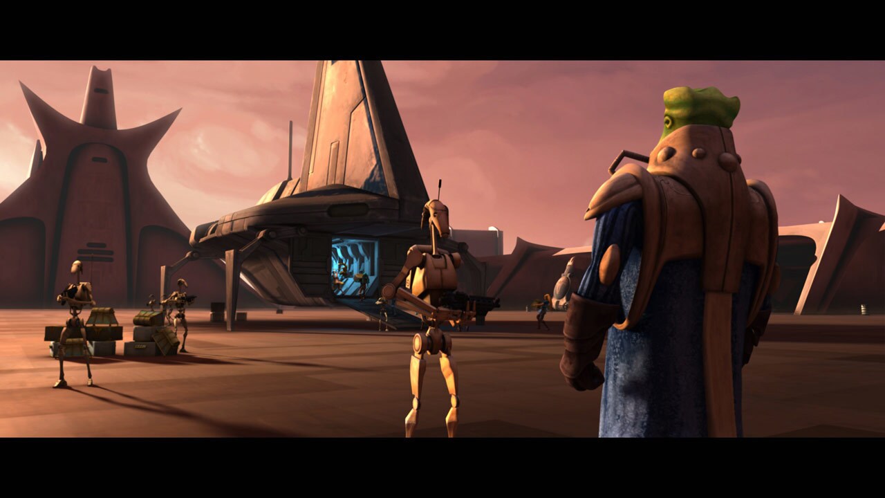Back at Lessu, droids and Twi'lek slaves load Wat Tambor's shuttle full of stolen riches from Ryl...
