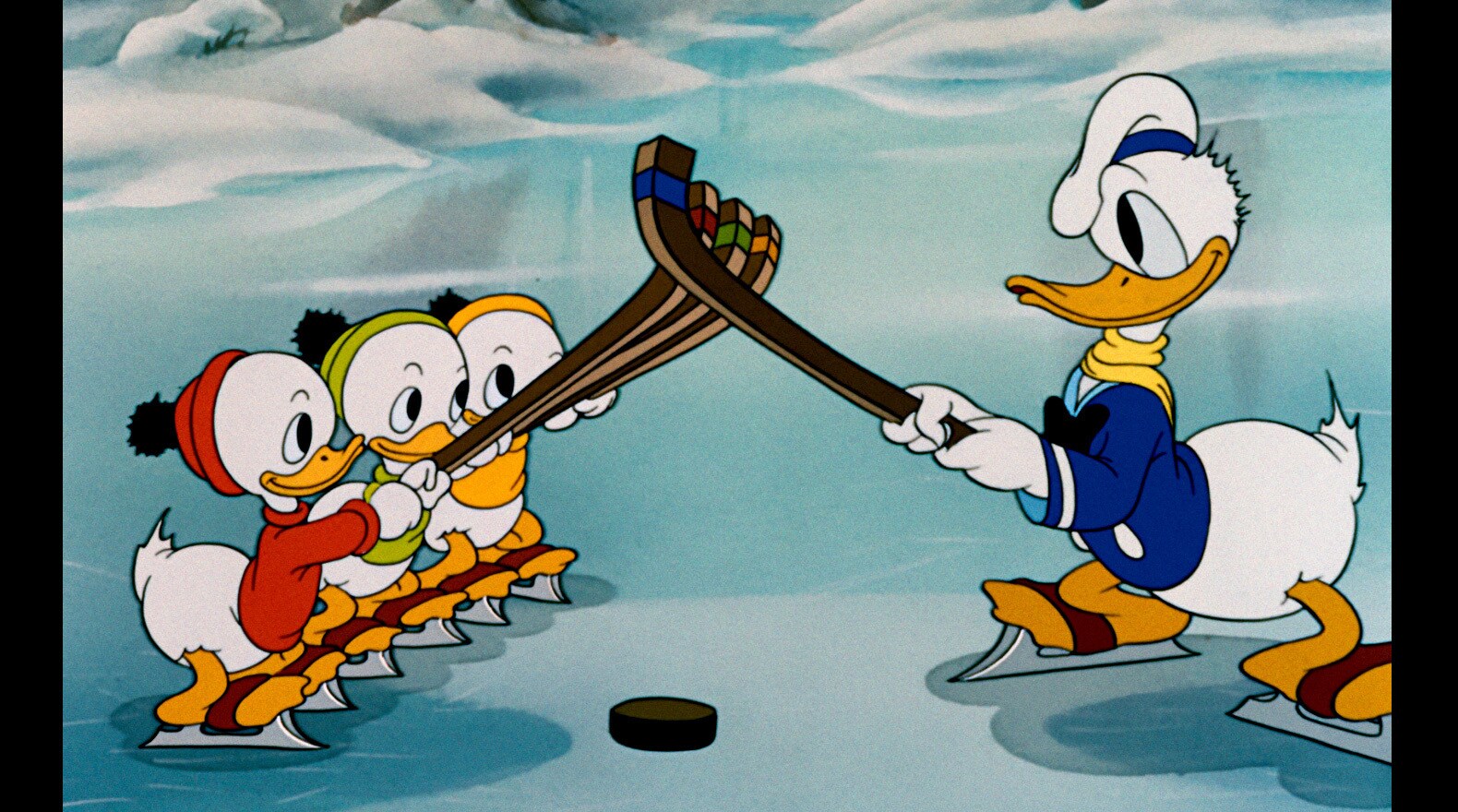 Huey, Dewey, Louie, and Donald give winter sports a try.