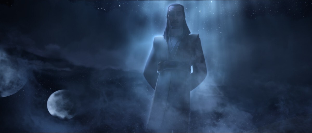 Qui-Gon Jinn appearing as a Force ghost on Mortis