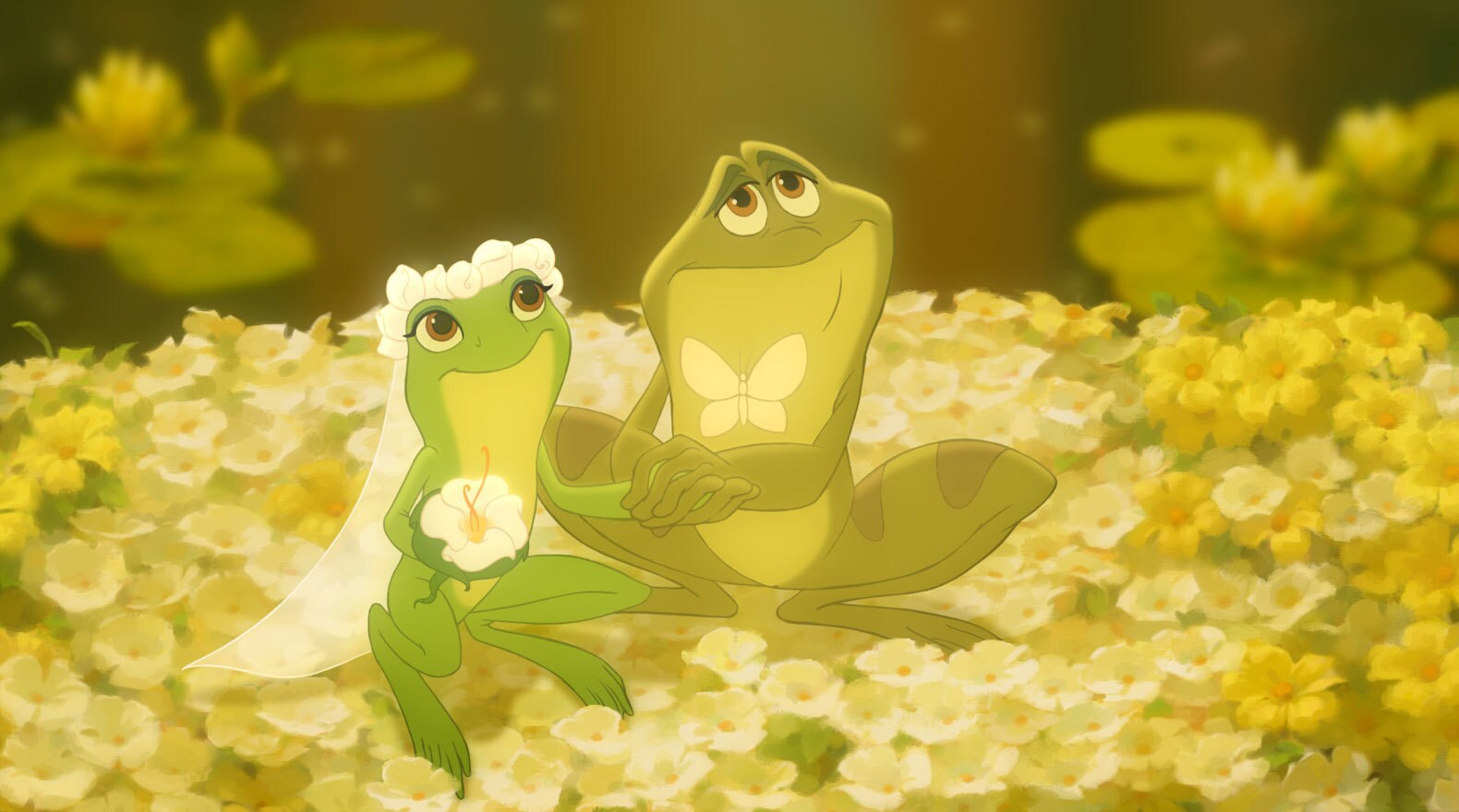 Tiana and Naveen as frogs getting married on a lily pad