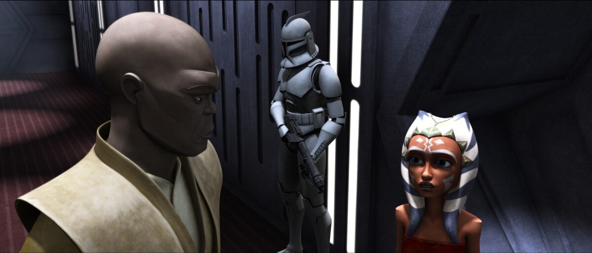 Mace Windu speaking with Ahsoka Tano