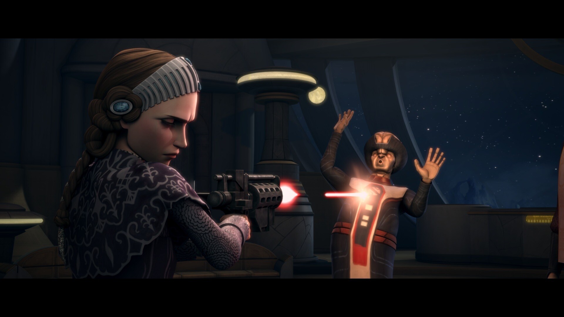 Commando droids drag Padmé before Rush Clovis in his office, where Senator Lawise already stands....