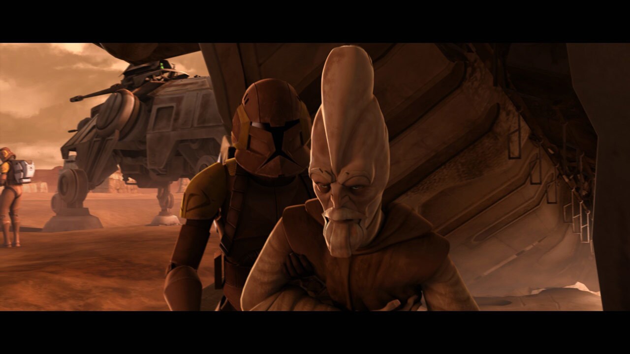 An injured Ki-Adi-Mundi and Commander Jet pull themselves from the crash site. Jet reports that o...