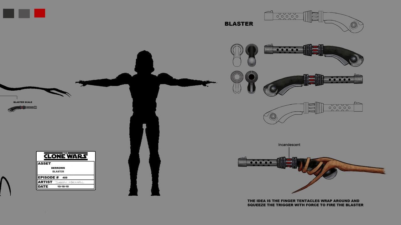 Derrown's blaster pistol design illustration by Darren Marshall
