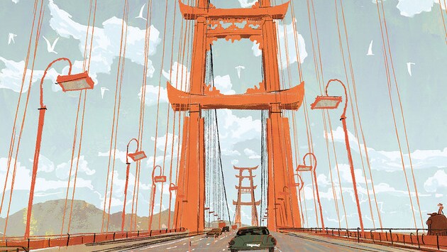 Concept art of San Fransokyo bridge for the movie "Big Hero 6"
