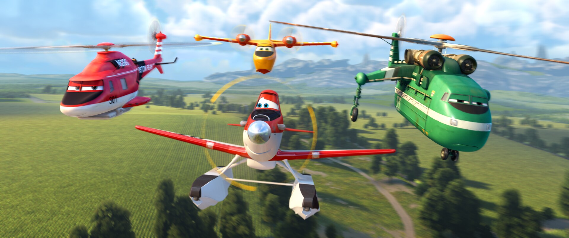 Dusty, Blade Runner, Lil Dipper and Windlifter in the movie "Planes: Fire & Rescue"