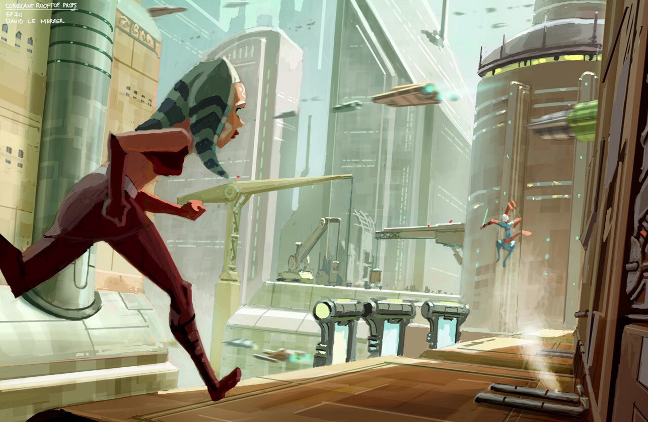 Coruscant rooftop chase design