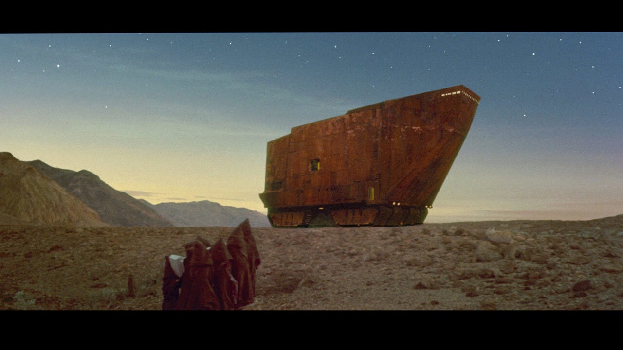R2-D2 is carried up to the Jawa sandcrawler, where he will be rejoined with C-3PO, who was also c...