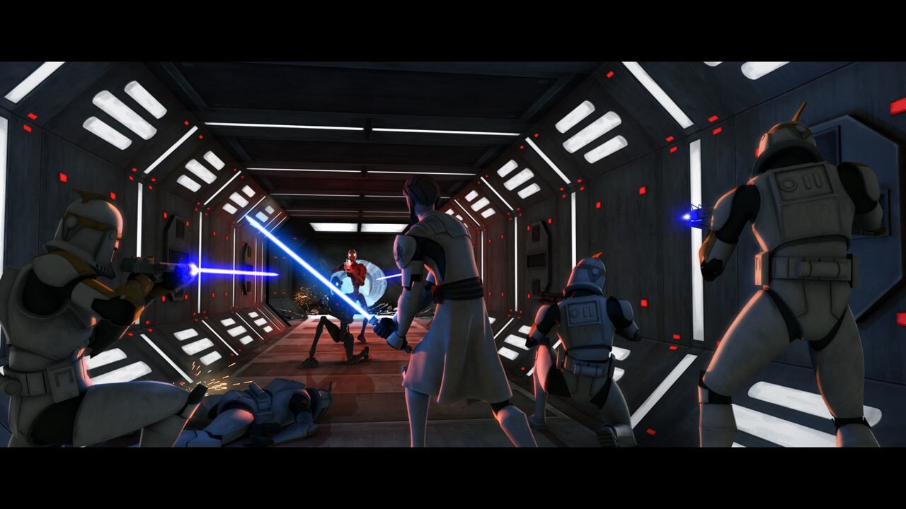 Aboard the light cruiser, Kenobi and Cody plan to keep Grievous engaged long enough for Skywalker...