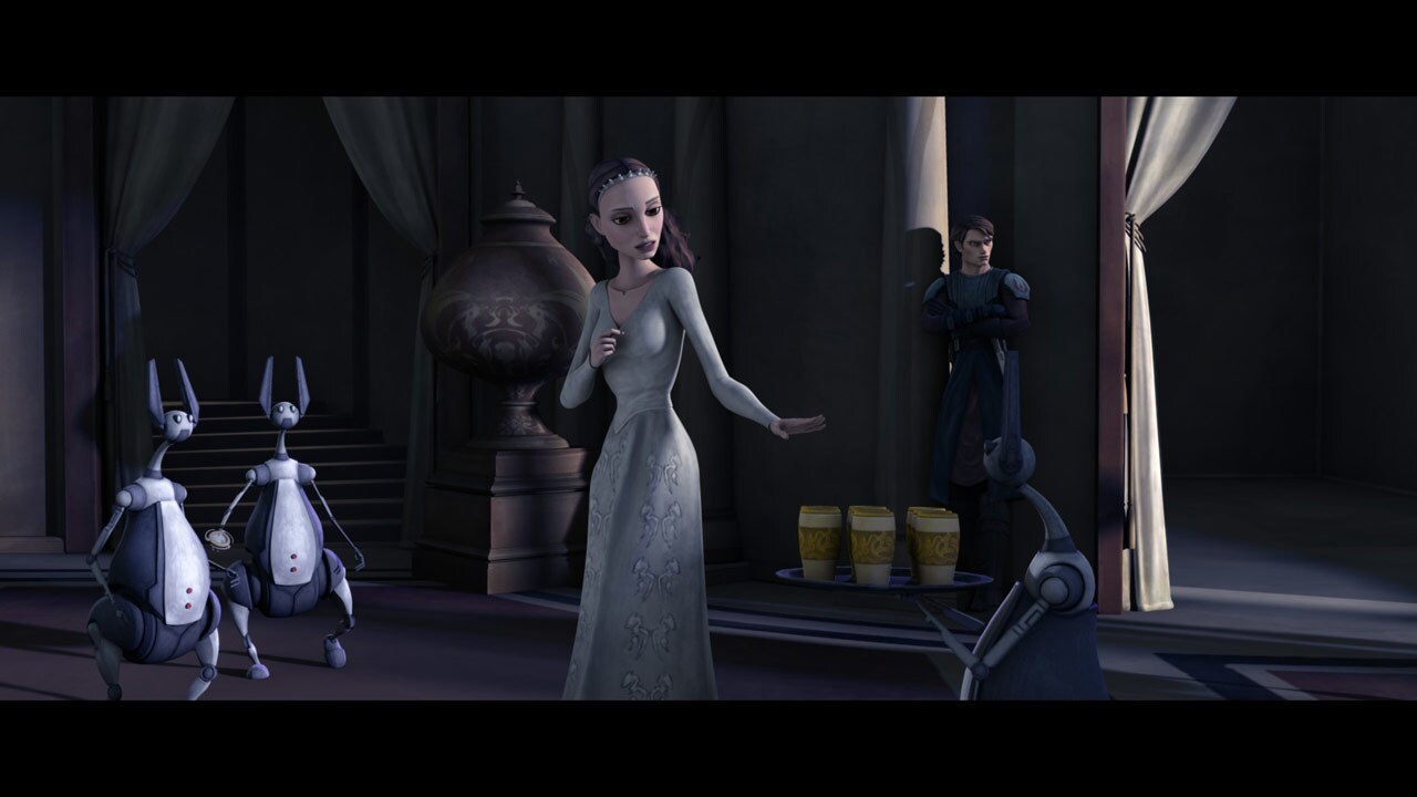 On Coruscant, Padmé prepares a banquet for Senator Aang, who holds the deciding vote on the Milit...